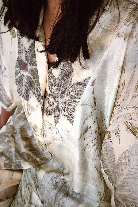 Botanical eco-printed mulberry silk long shirt + pants set - Ivory