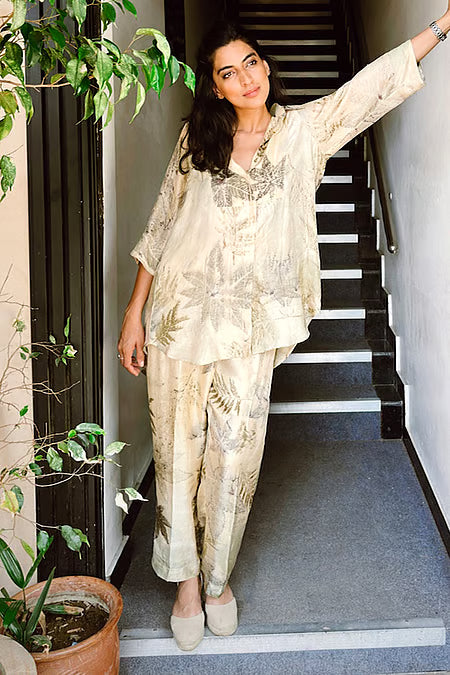 Botanical eco-printed mulberry silk long shirt + pants set - Ivory