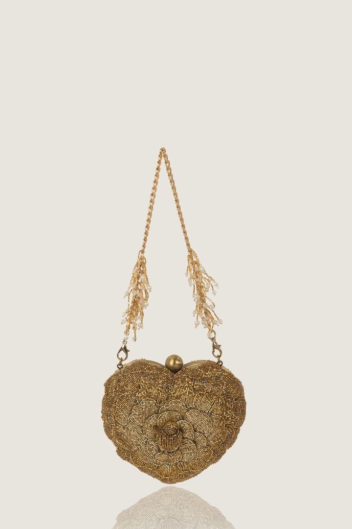 sa beaded heart clutch - gold