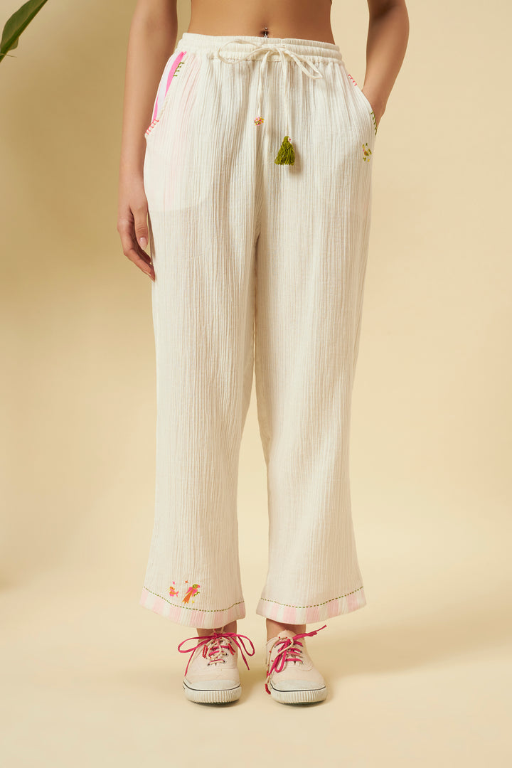Ivory Embroidered 100% Cotton Pants