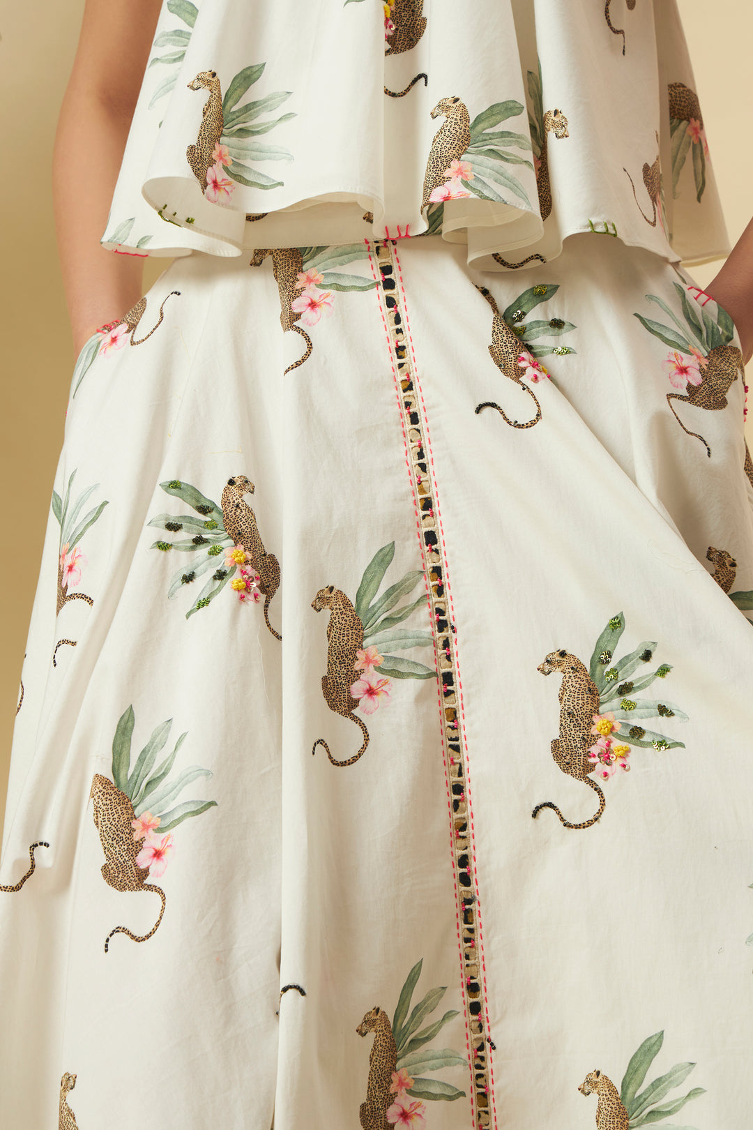 Chetah Print Fabric Fringe Top and Skirt Set