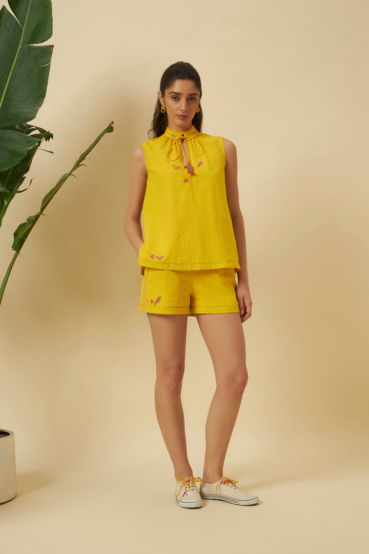 Yellow Sleeveless Tie Up Shirt Top