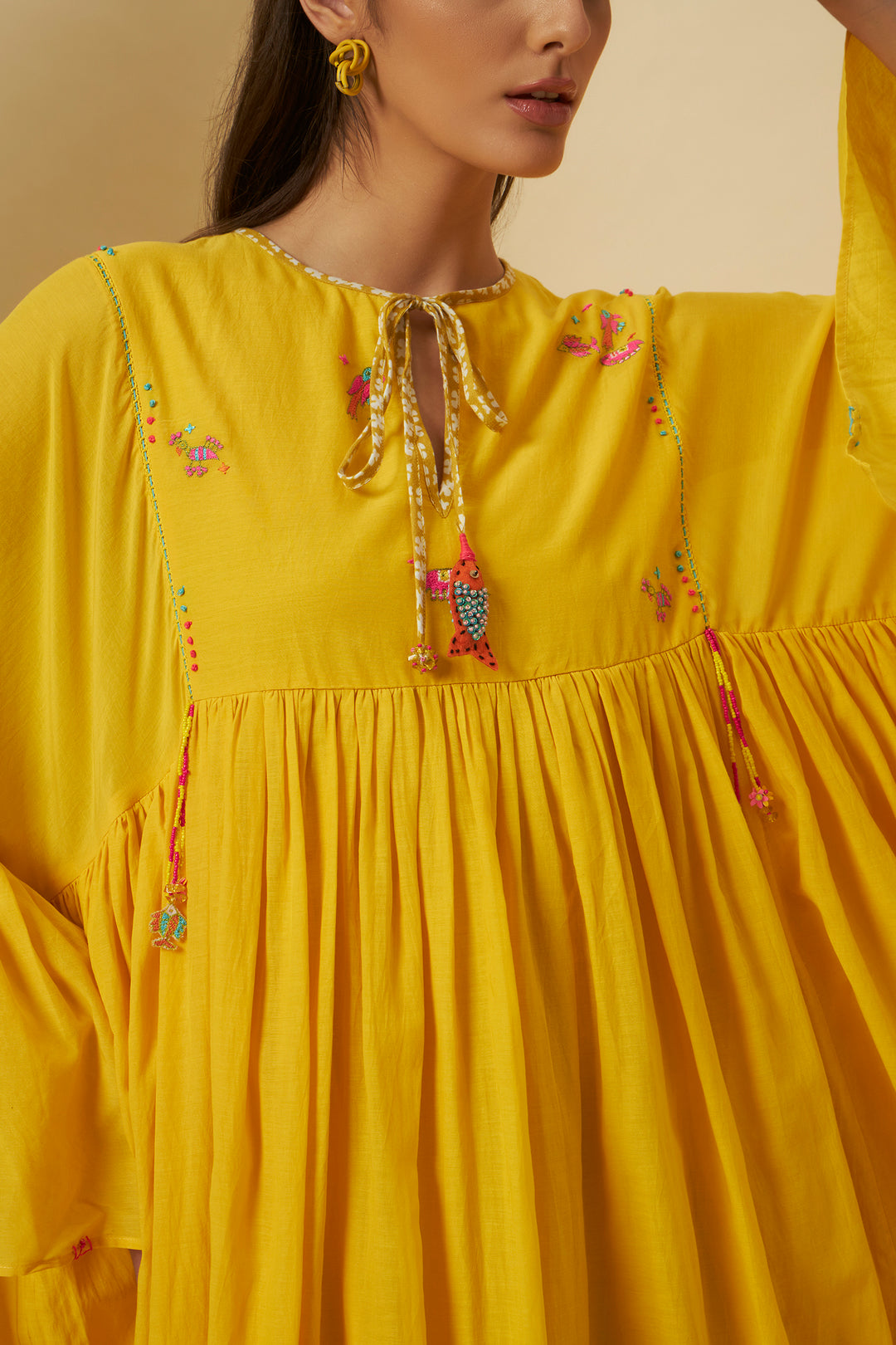 Yellow Gathered Midi Dress