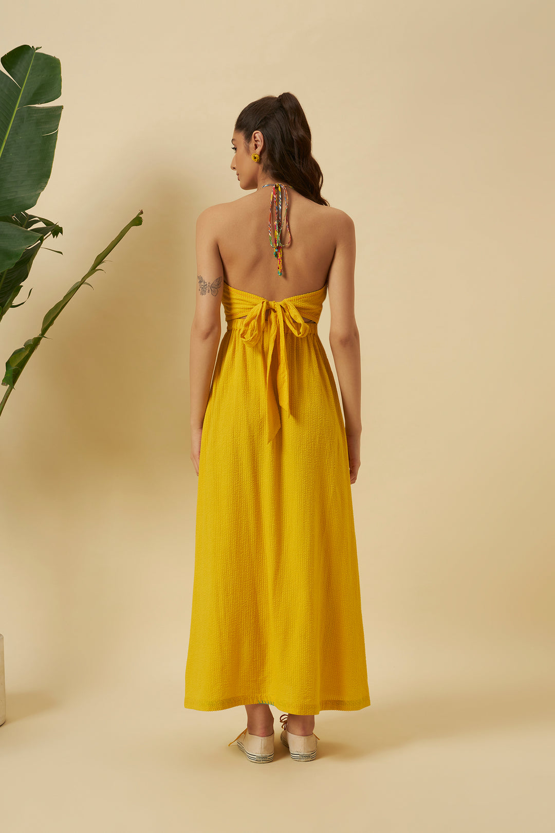 Yellow Seersucker Halter Tie Up Dress
