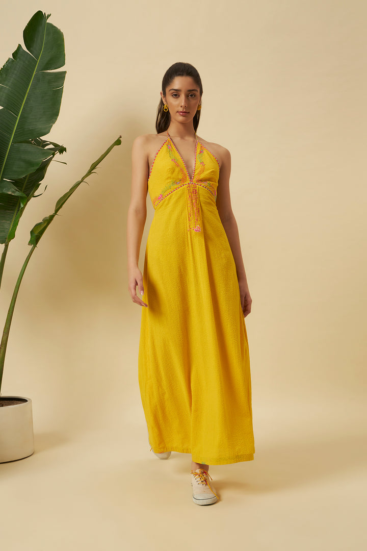 Yellow Seersucker Halter Tie Up Dress