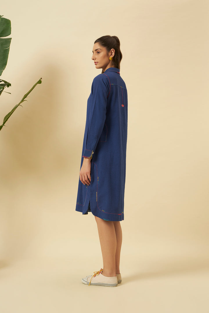 Indigo Seersucker Apple Cut Shirt Dress