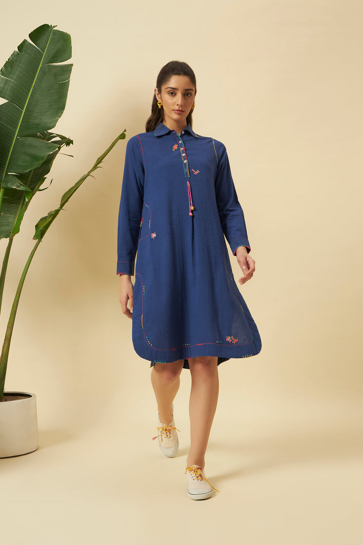 Indigo Seersucker Apple Cut Shirt Dress