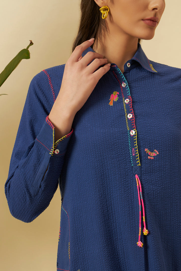 Indigo Seersucker Apple Cut Shirt Dress