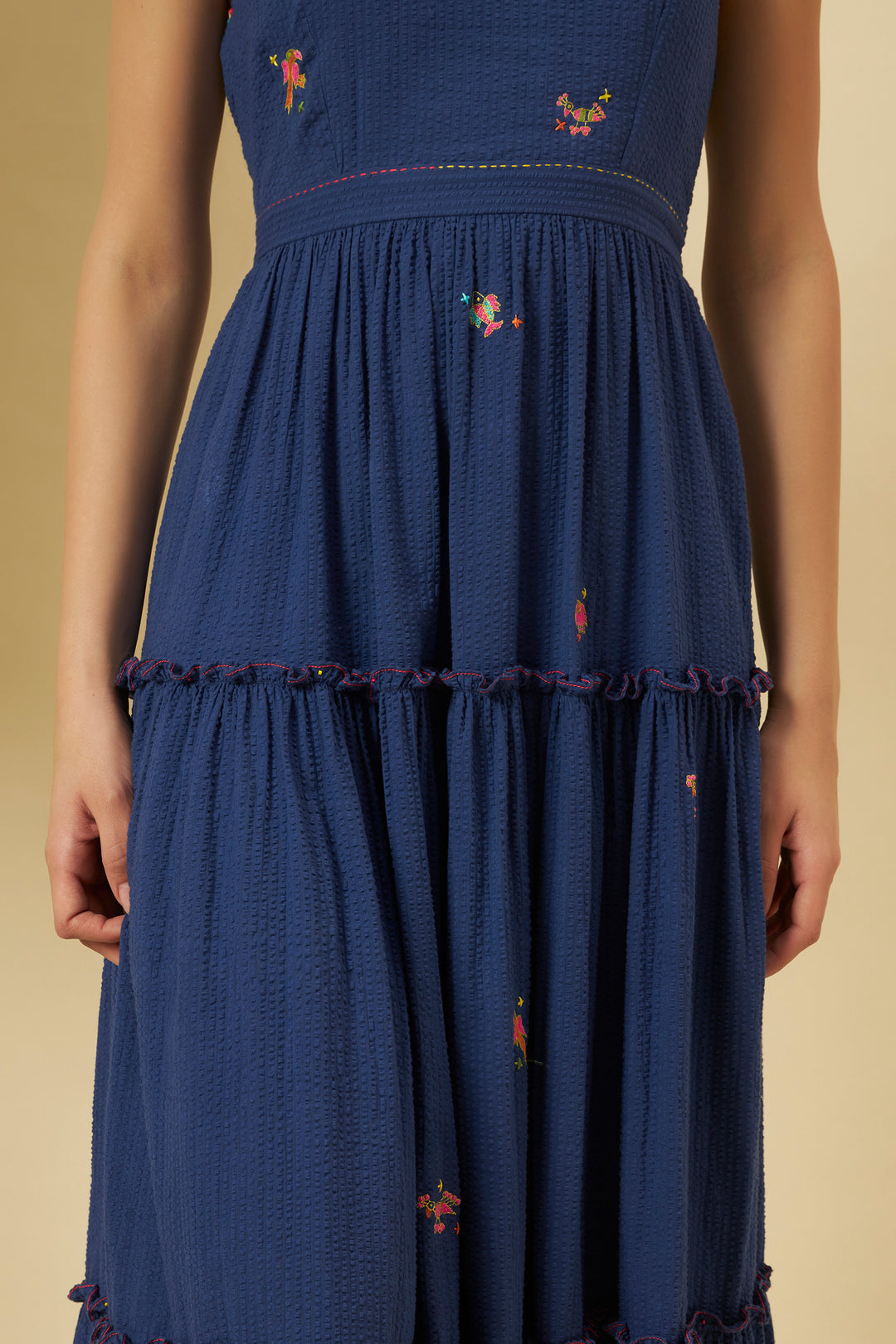 Indigo Seersucker Halter Tiered Dress