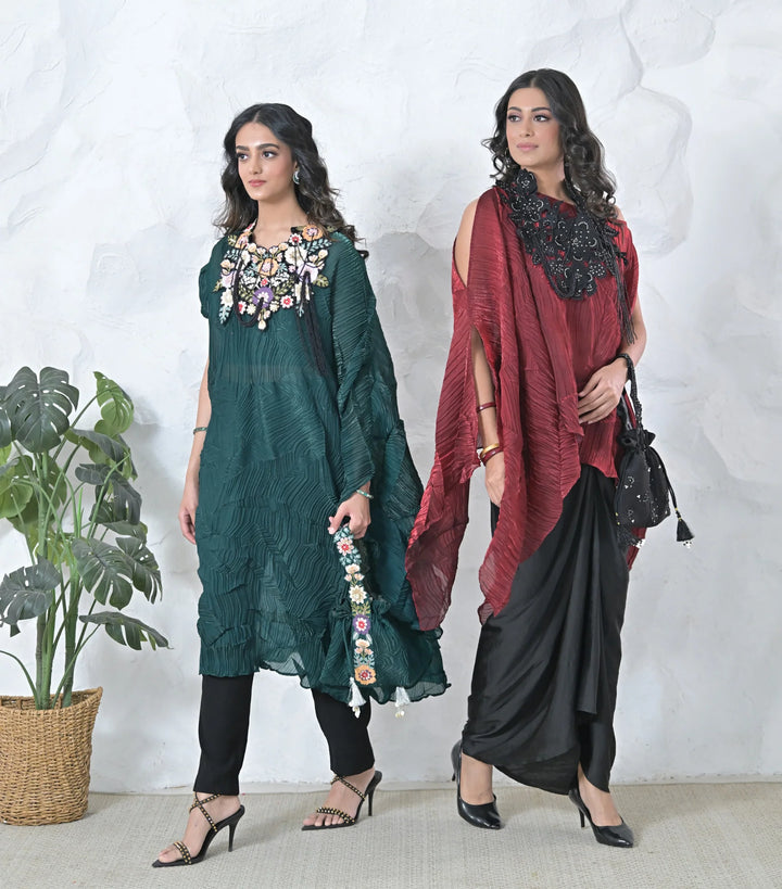 Phool-Patti Tassels Neckpiece Light Teal Crinkled Cape Set