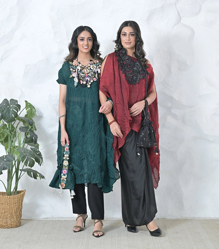 Phool-Patti Tassels Neckpiece Light Teal Crinkled Cape Set