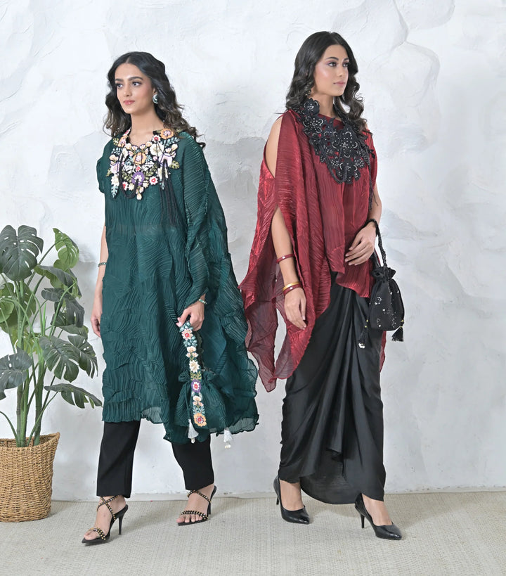 Phool-Patti Tassels Neckpiece Light Teal Crinkled Cape Set