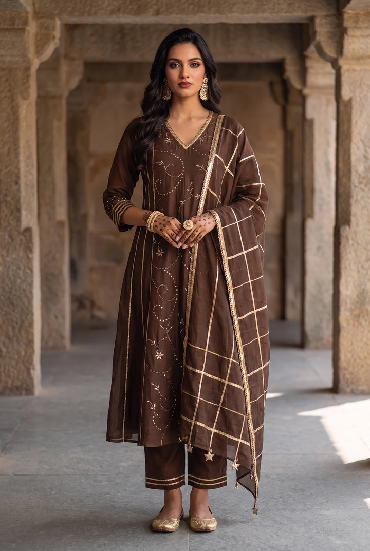 Raha Mul Chanderi Mukaish Anarkali Set in Coffee Brown