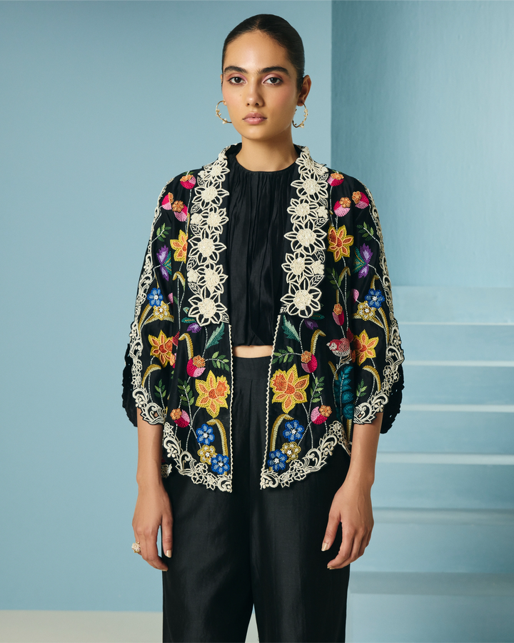 Black Floral Foliage Flared Jacket