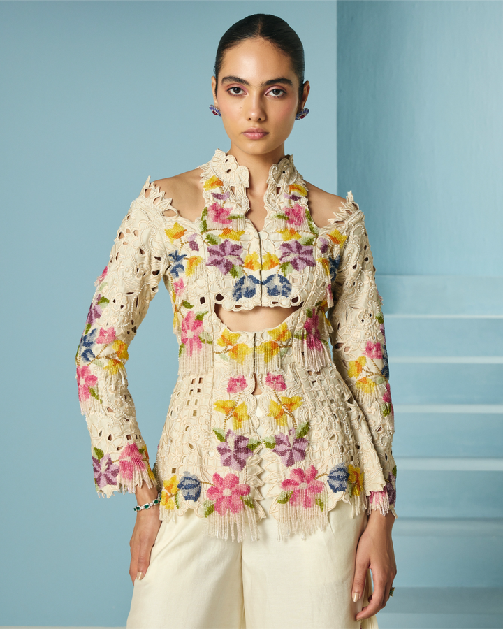 Ivory Beadwork and Cutwork Cutout Jacket