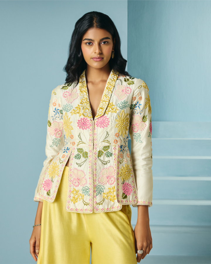Ivory Floral Embroidered Panelled Jacket