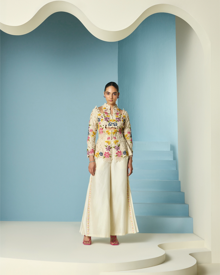 Ivory Embroidered Pleated Pant