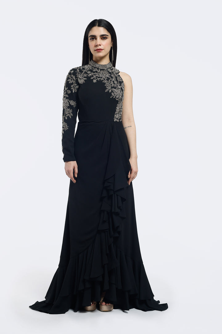 Mono Sleeve Ruffle Gown