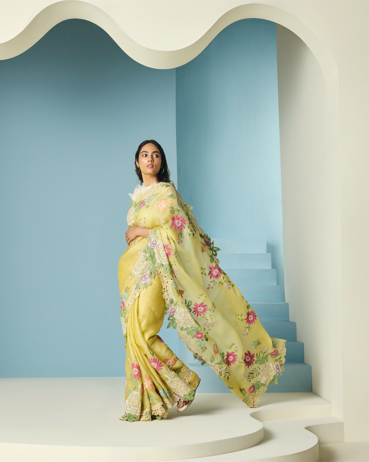 Butter Yellow Floral Applique Saree