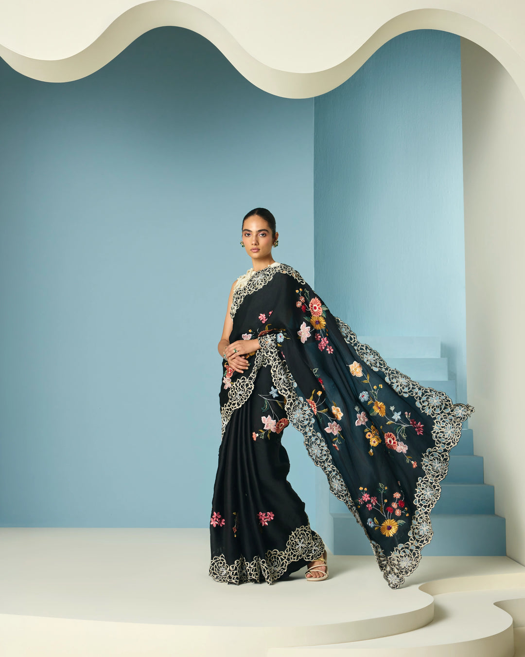 Black Floral Foliage Saree