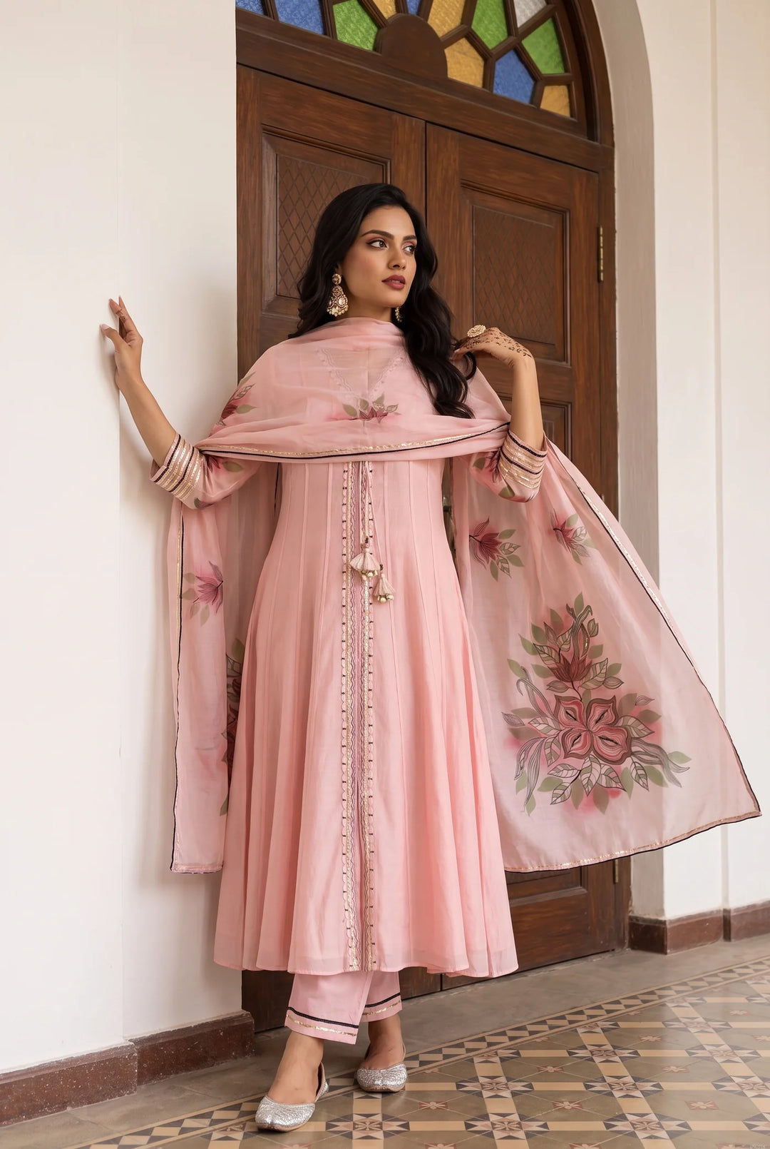Zoa Mul Chanderi Anarkali Set in Rose Pink