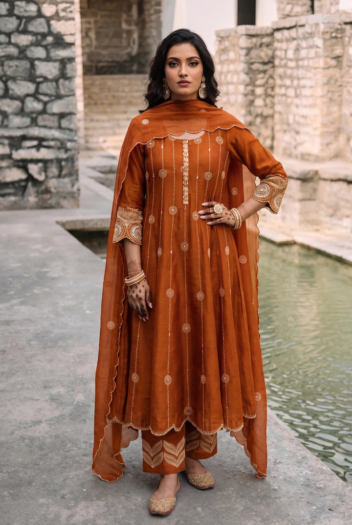 Deewani Silk Chanderi Anarkali Set in Burnt Orange