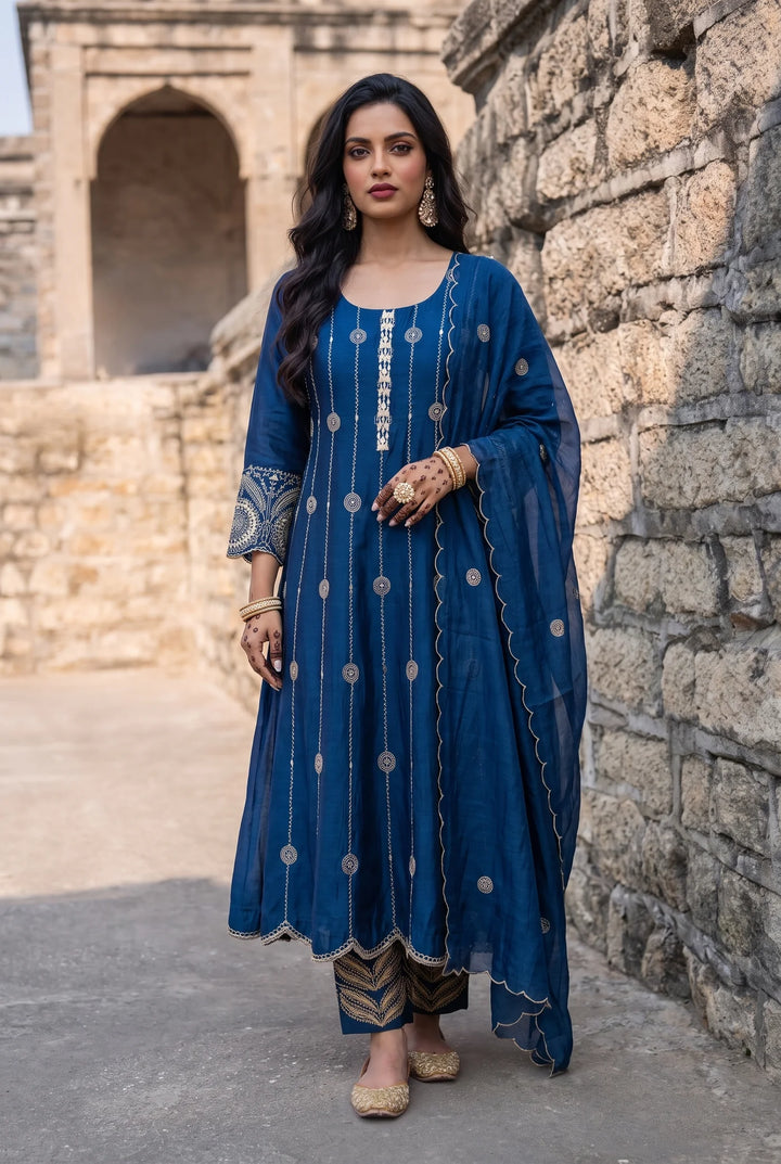 Deewani Silk Chanderi Anarkali Set in Cobalt Blue