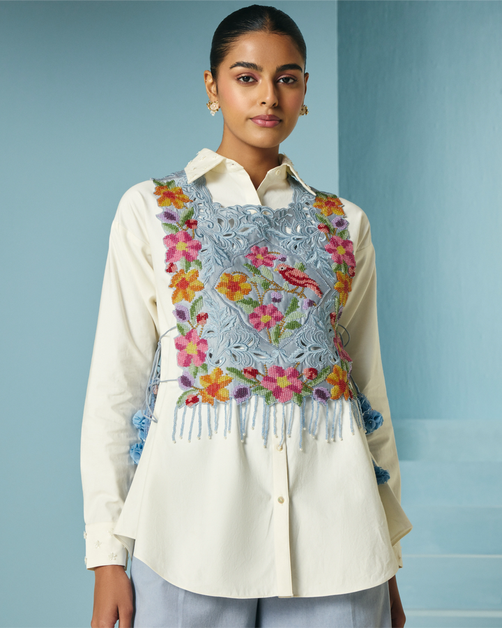 Powder Blue Beadwork and Cutwork Vest