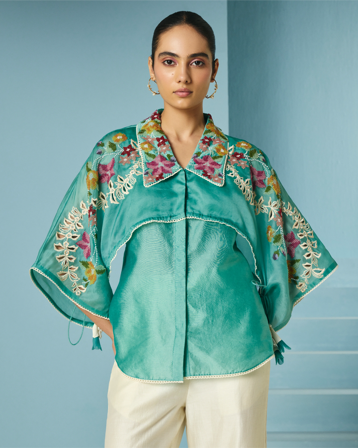 Aqua Floral Beadwork Layered Shirt