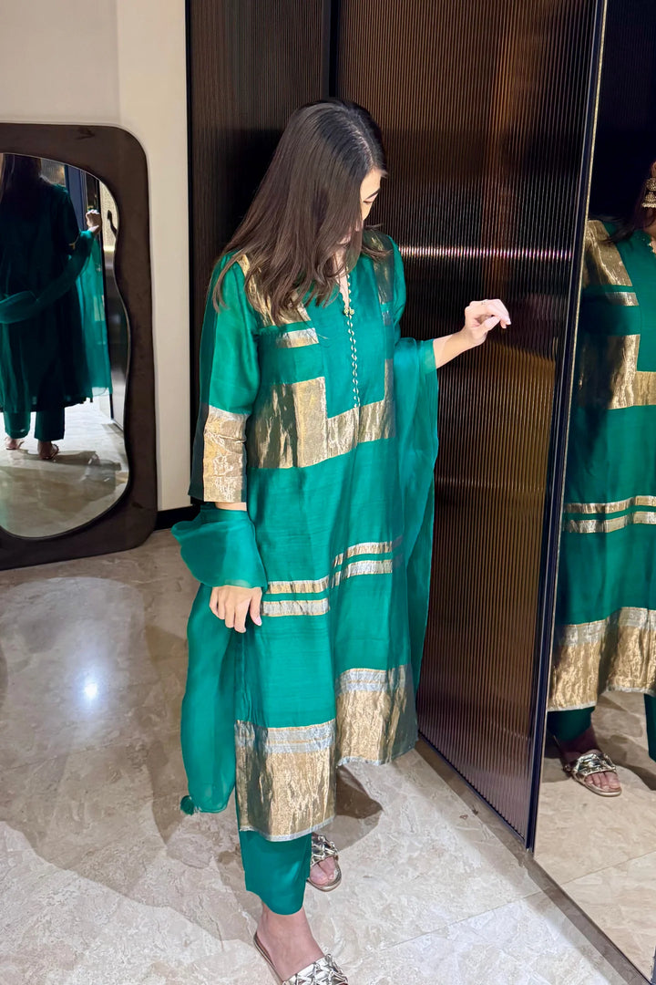 Mira: Silk stripe tissue straight kurta set - Green