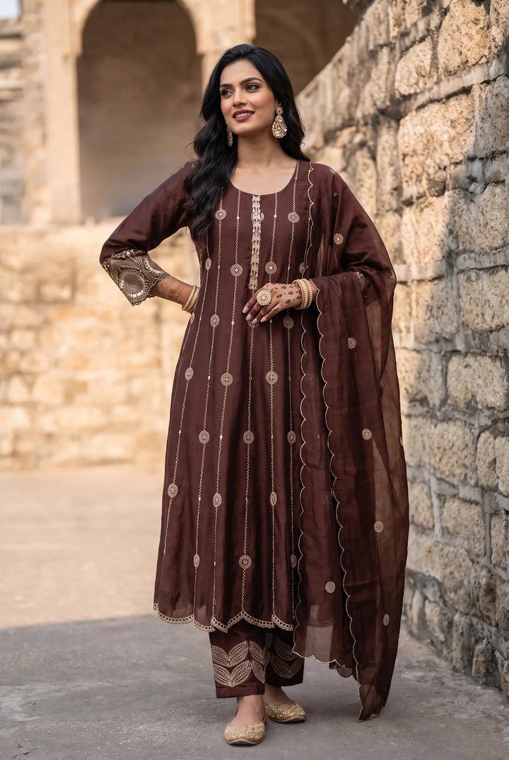 Deewani Silk Chanderi Anarkali Set in Coffee Brown