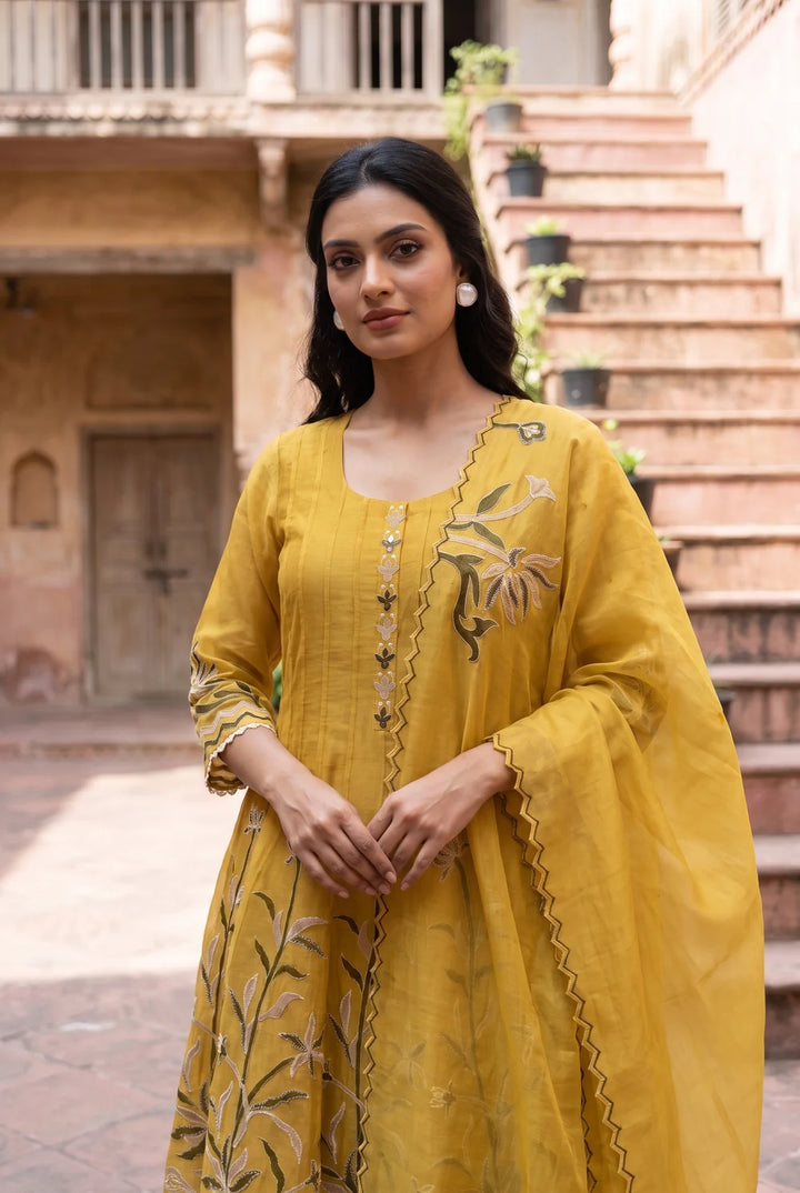 Surkhi Mul Chanderi Anarkali Set in Maize Yellow