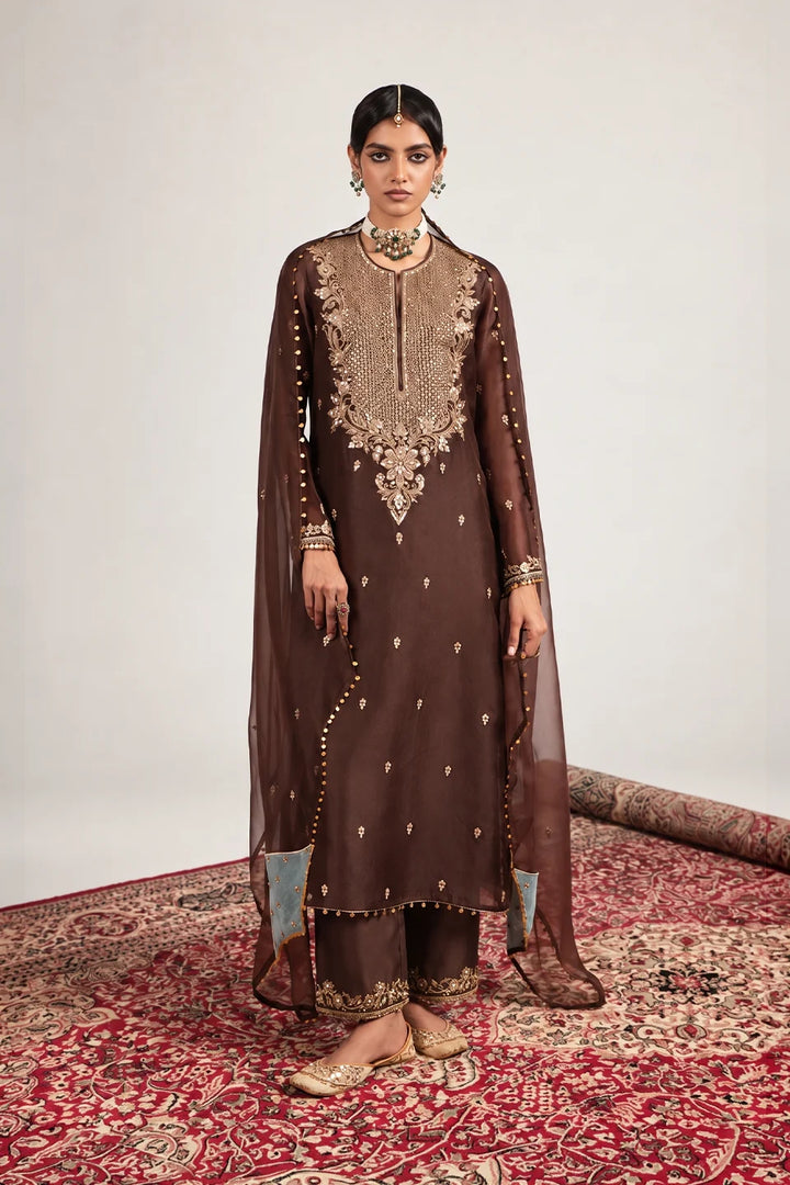 Zar-Rang Brown Long Kurta Set