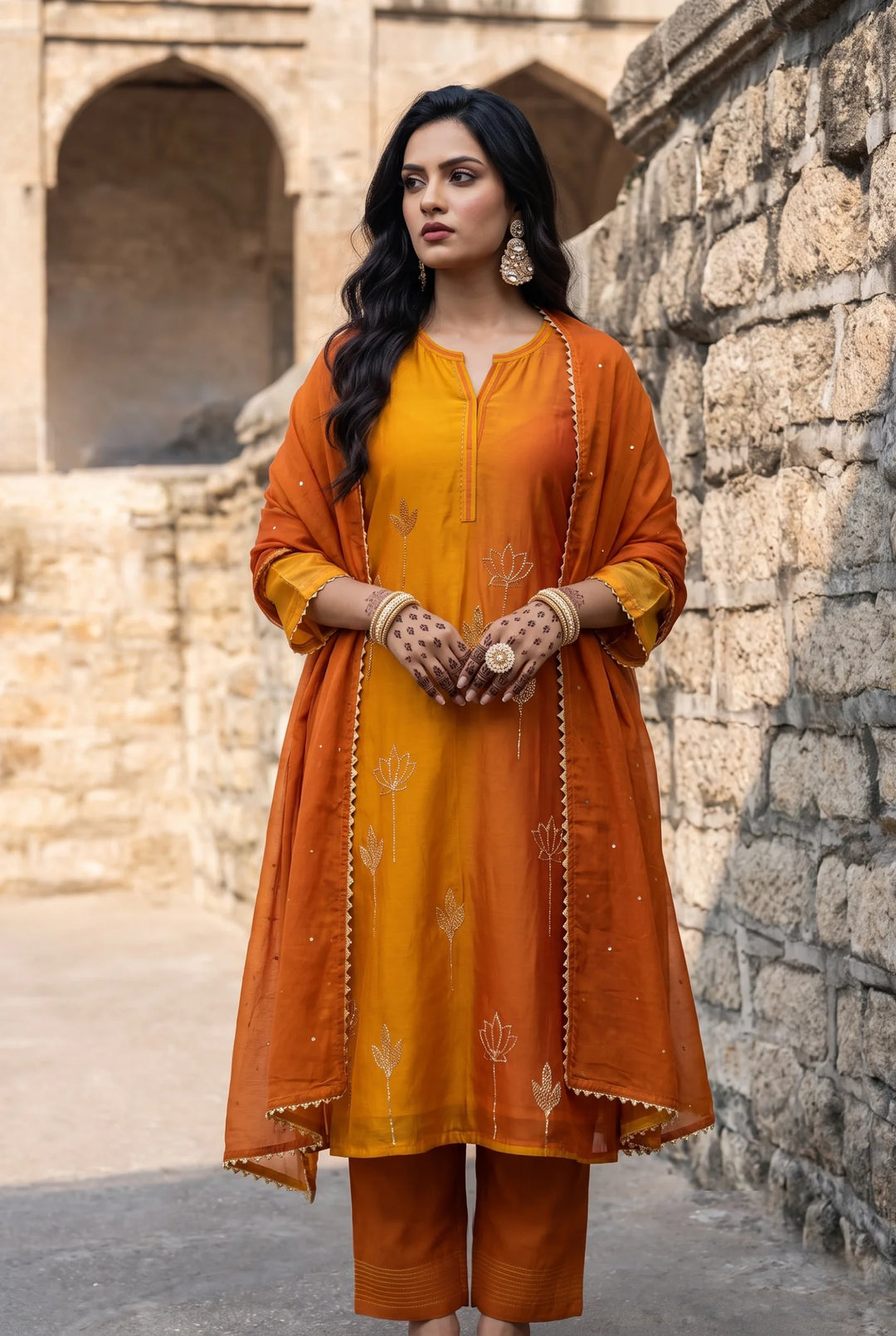 Shvi Silk Chadneri Shaded Kurta Set in Mango