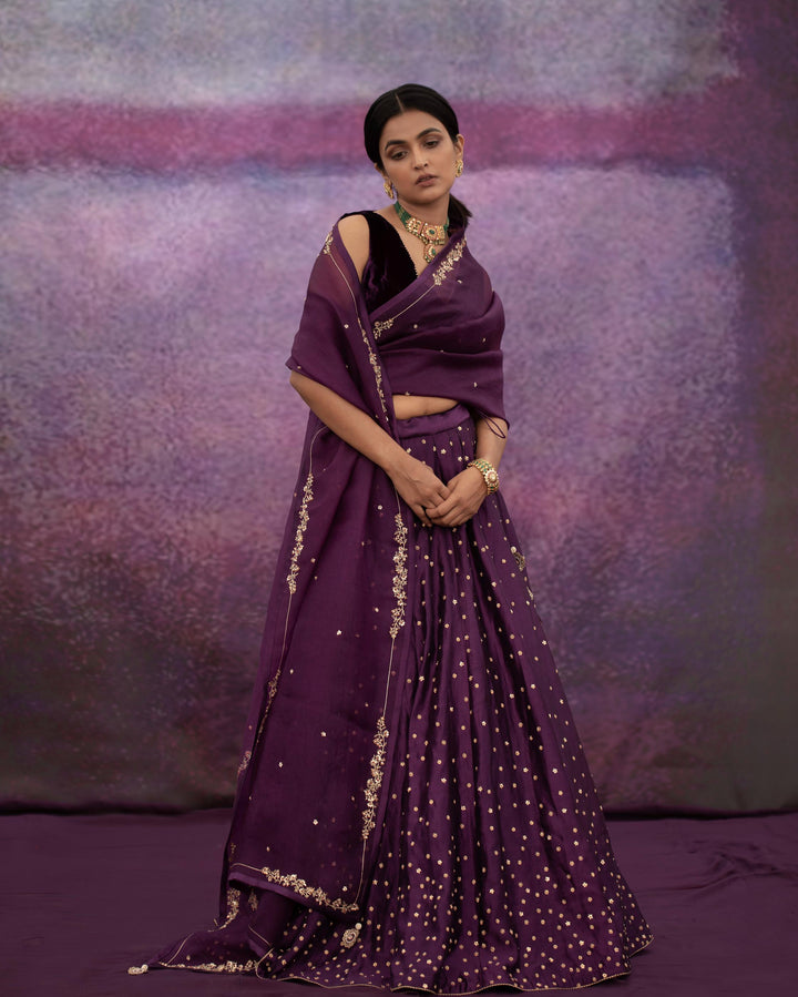 violet all over booti kalli lehenga set
