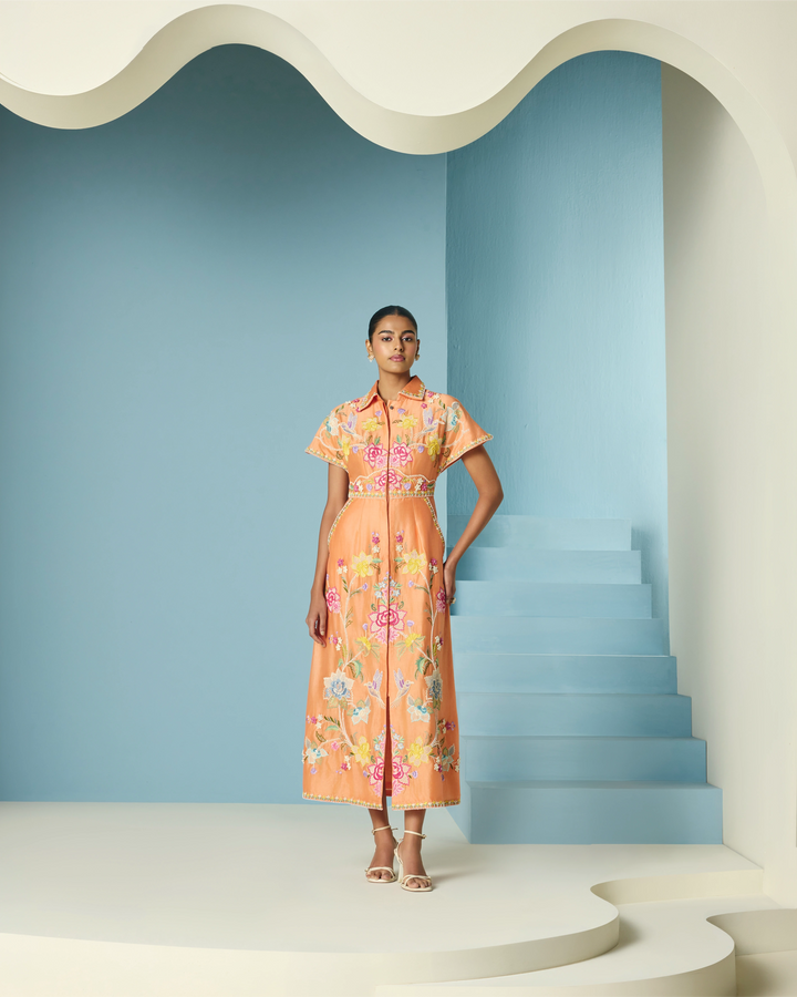 Orange Embroidered Shirt Dress