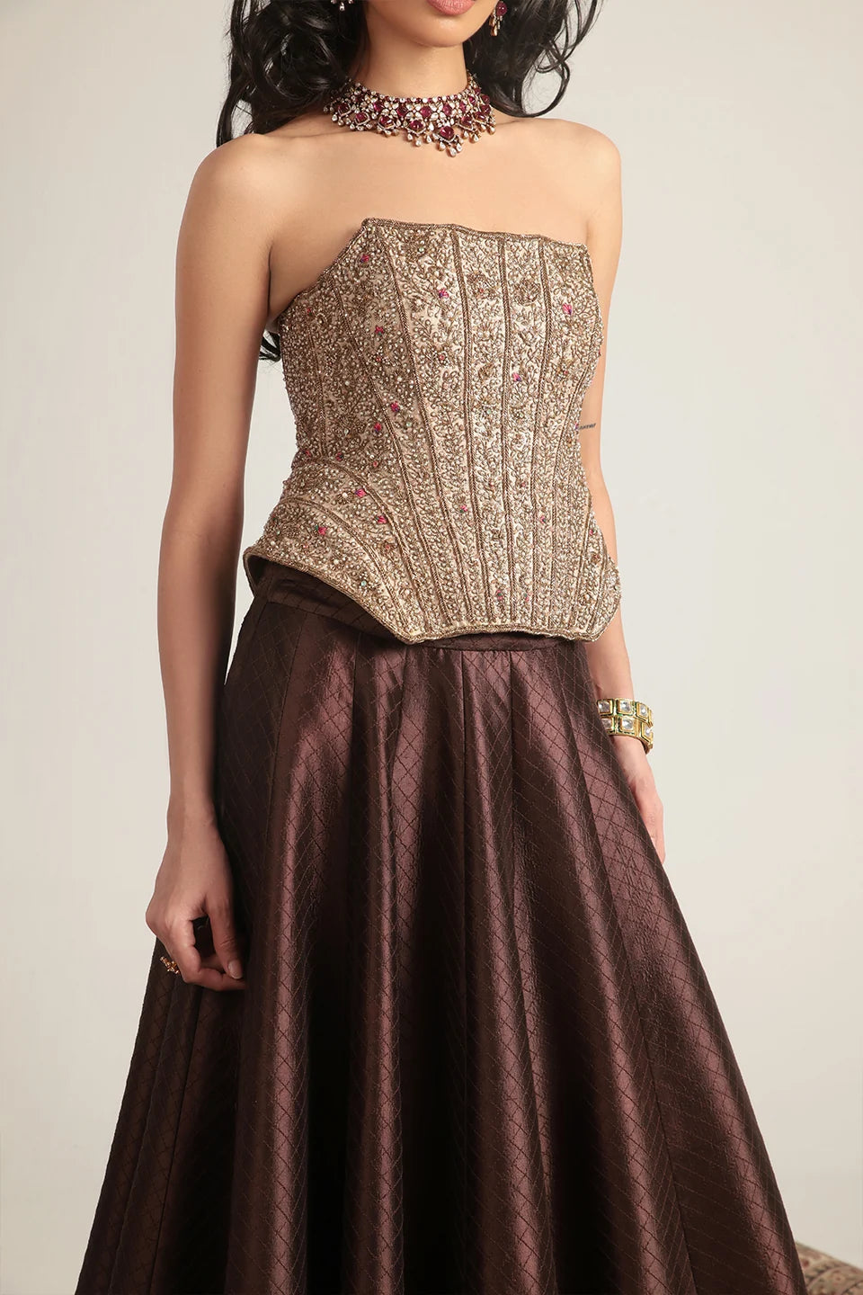 Zar-Rang Brown Panelled Corset Quilted Lehenga Set