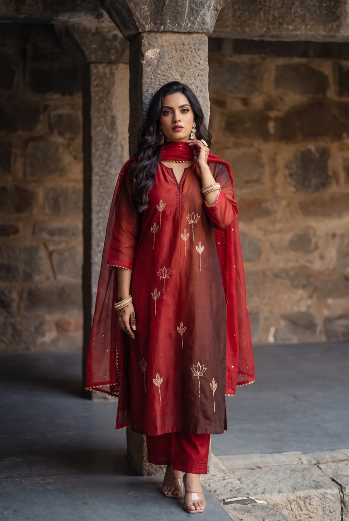 Shvi Silk Chadneri Shaded Kurta Set in Cola Red
