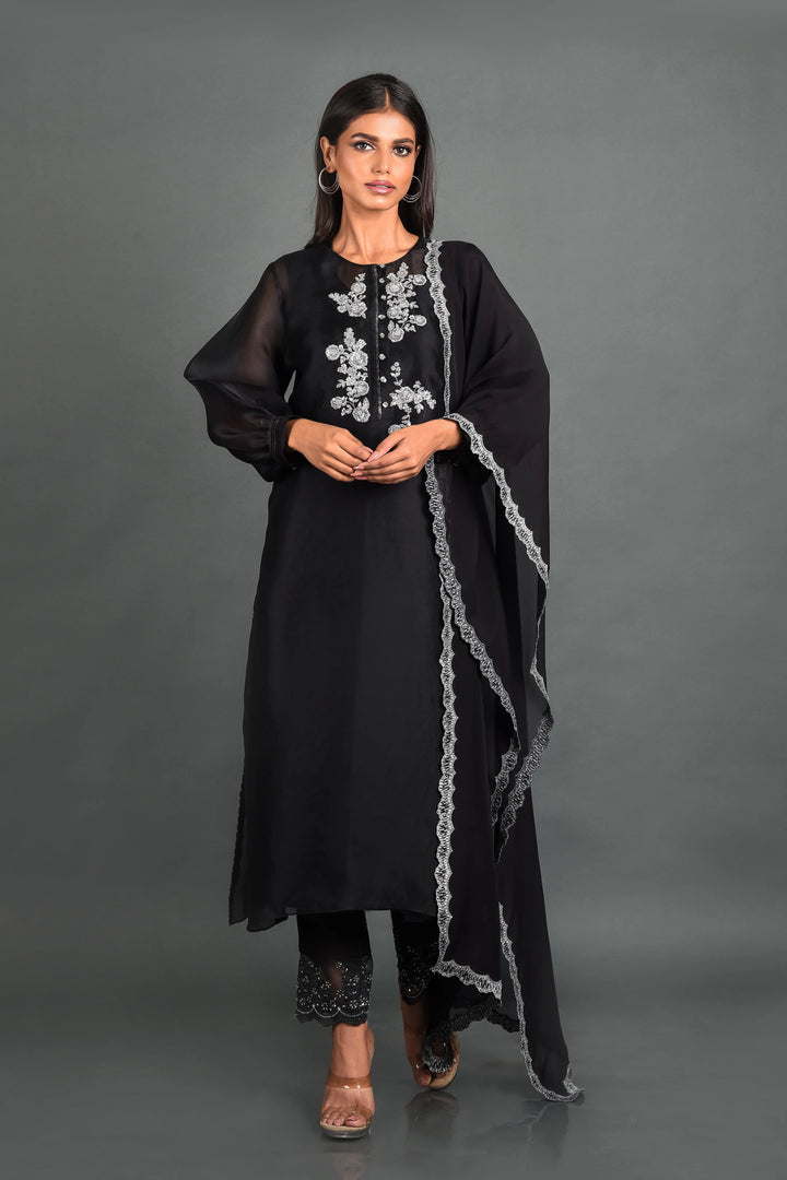 Black Organza Kurta With Pant and Dupatta