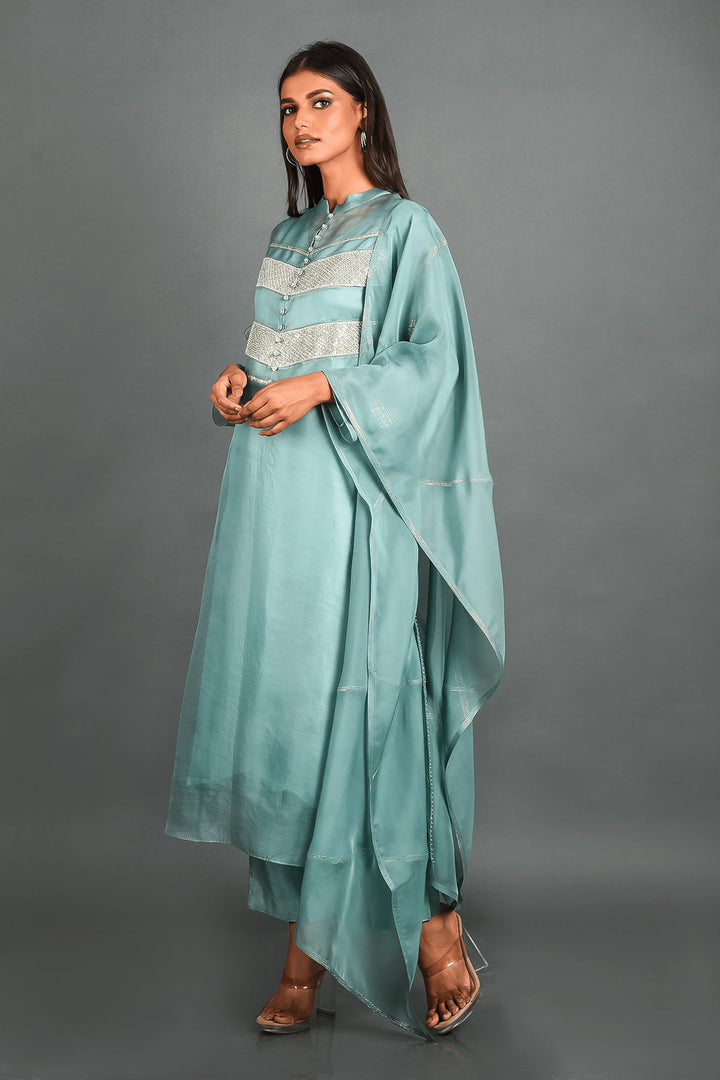 Blue Organza Kurta With Pant and Dupatta