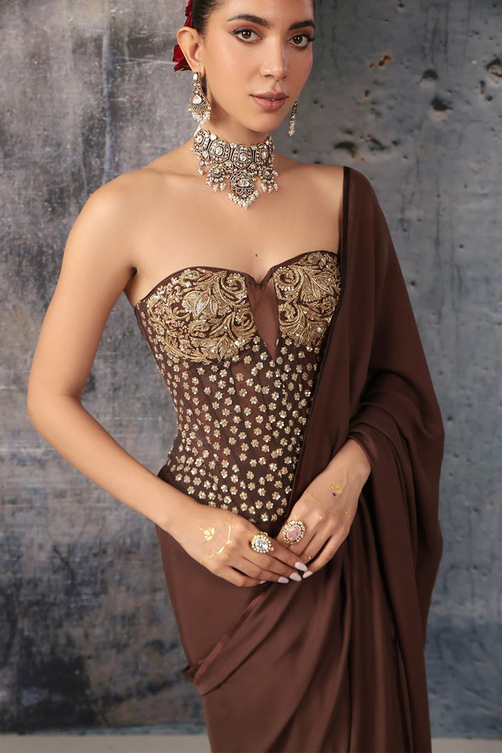 Zar-Rang Brown Corset Saree Set