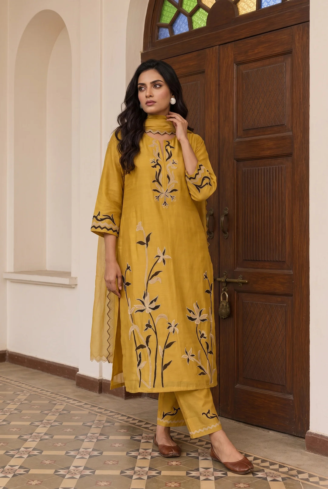 Surkhi Mul Chanderi Kurta Set in Maize Yellow