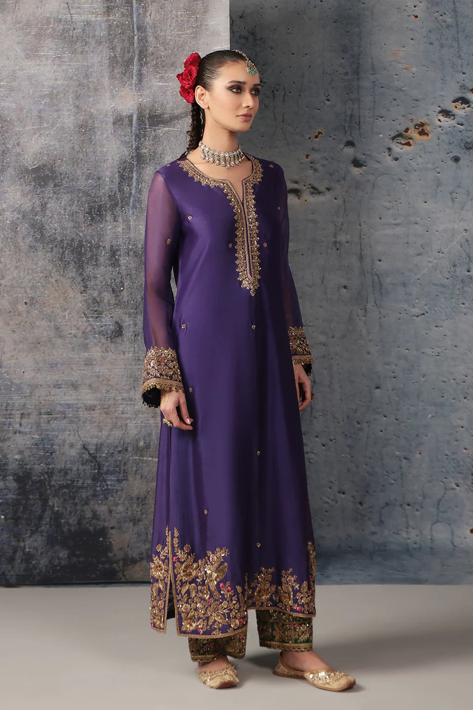 Zar-Rang Purple Straight Long Kurta Set
