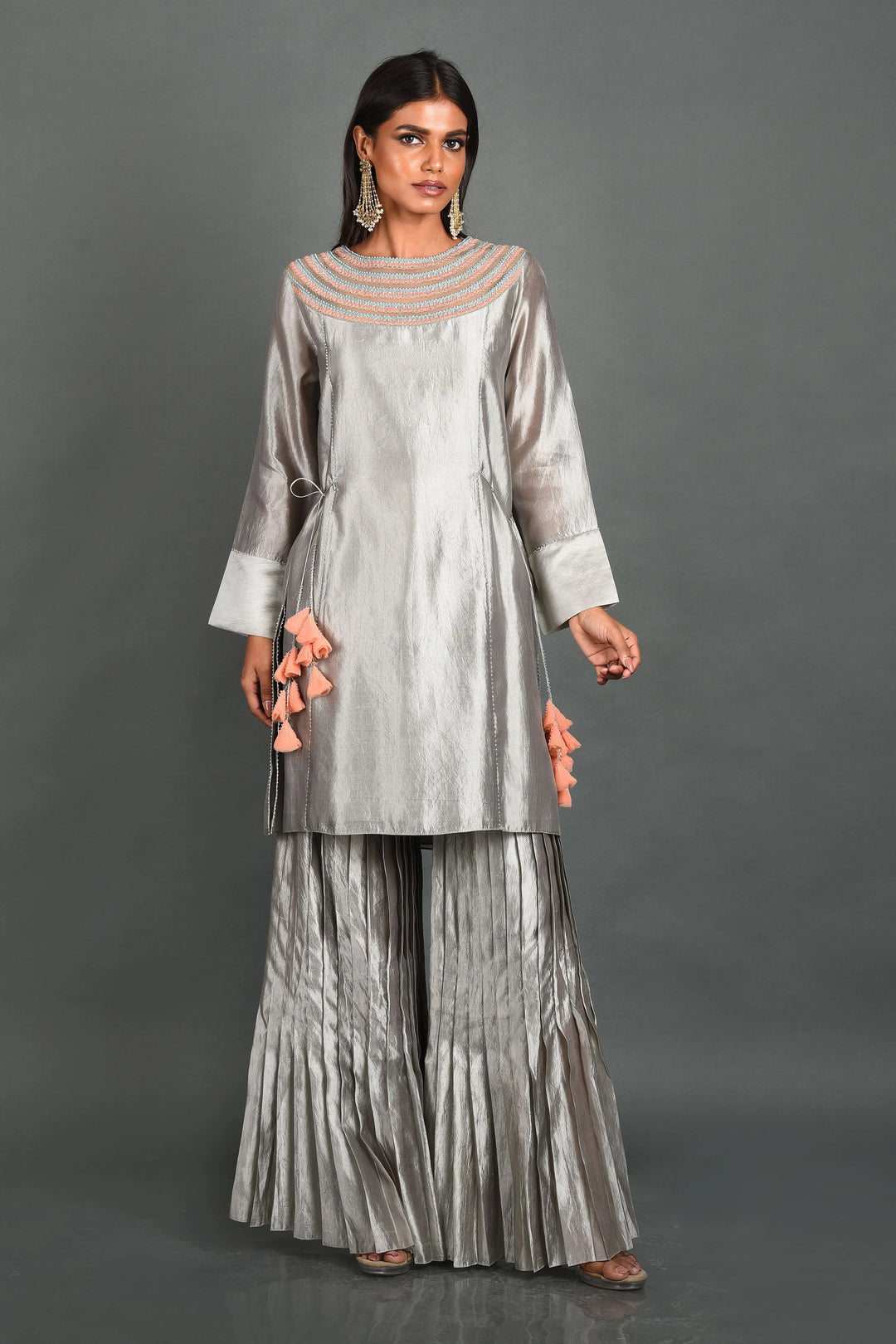 Grey Silk Kurta With Pant and Dupatta