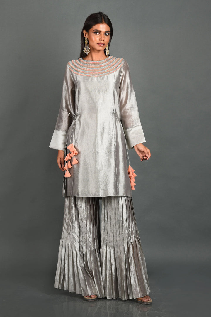Grey Silk Kurta With Pant and Dupatta