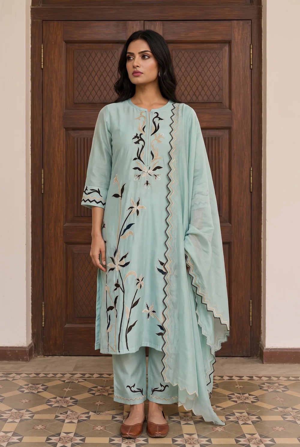 Surkhi Mul Chanderi Kurta Set in Blue Green