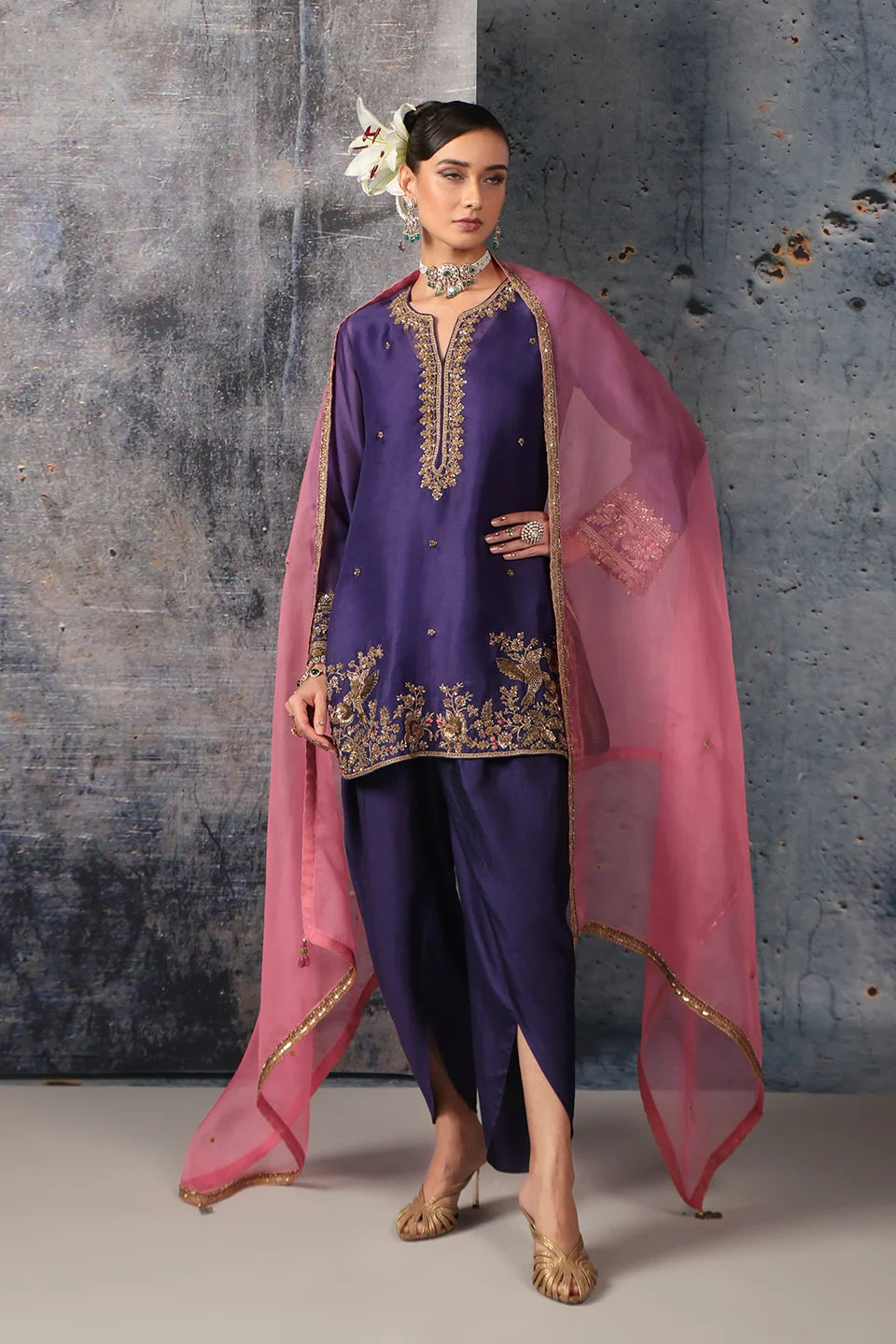 Zar-Rang Purple Heavy Short Kurta Set