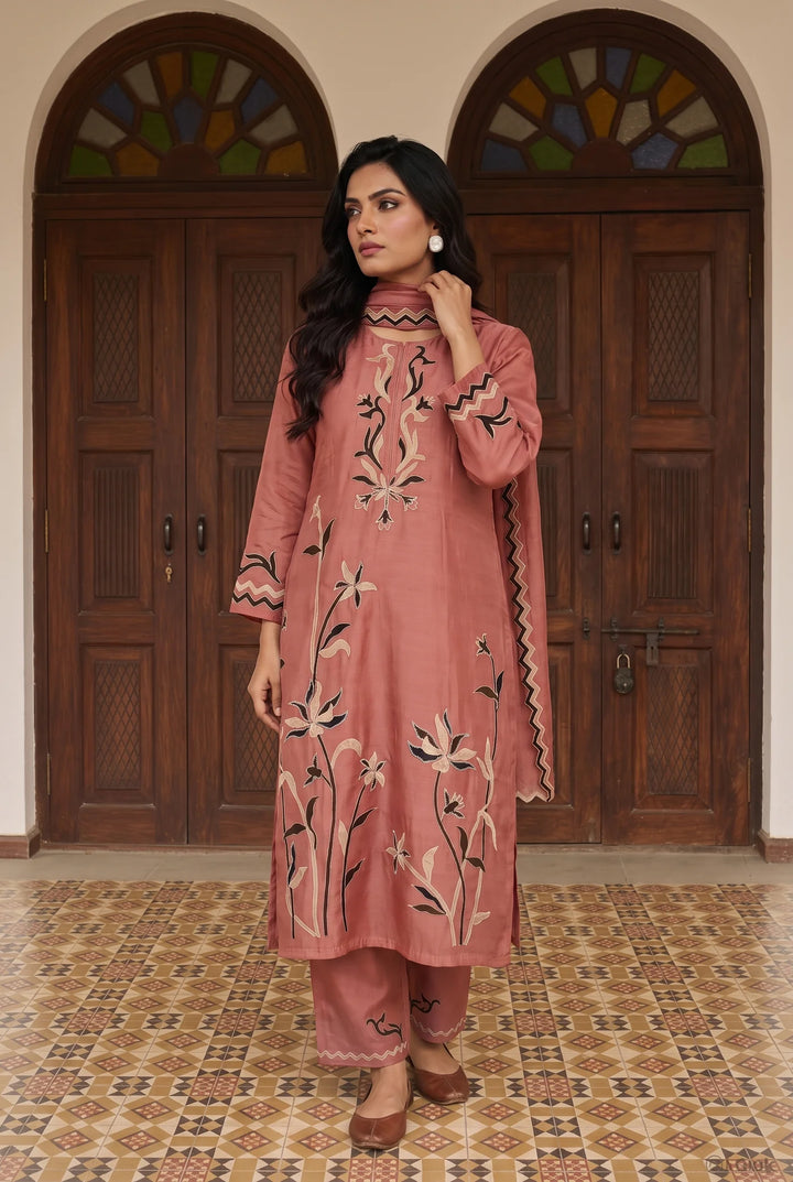 Surkhi Mul Chanderi Kurta Set in Pink Sherbert