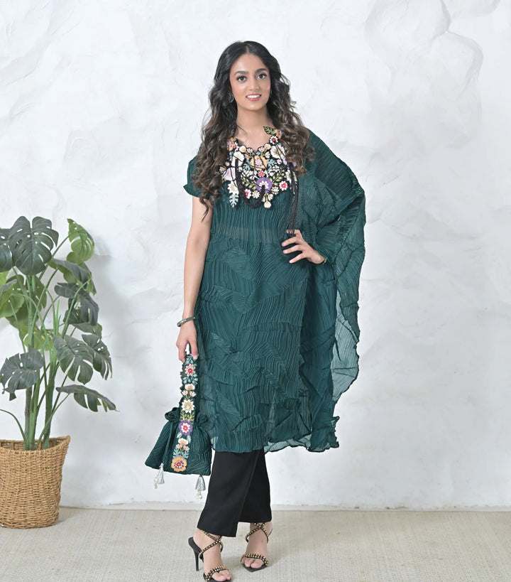 Phool-Patti Tassels Neckpiece Light Teal Crinkled Cape Set