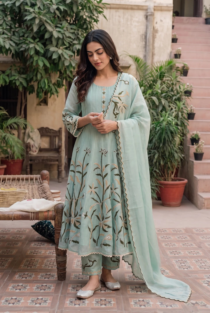Surkhi Mul Chanderi Anarkali Set in Blue Green